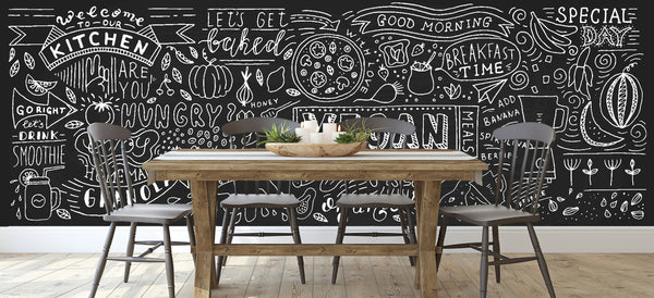 Dining Room Mural, Food & Drinks Wallpaper, Non Woven, Blackboard Sketch Icons Wall Mural