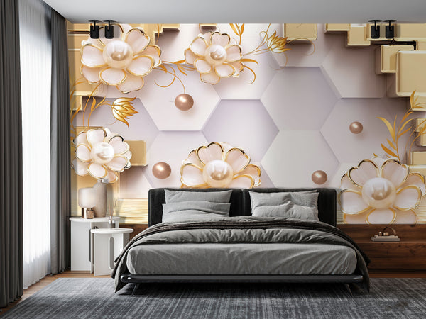 Fantasy Wallpaper, Non Woven, Pearl Flowers Wall Mural, Gold Geometric Wallpaper
