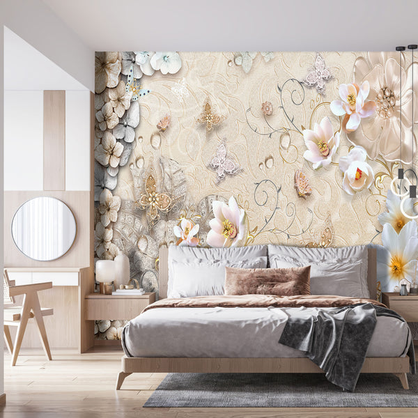 Fantasy Wallpaper, Non Woven, Beige Flowers Wall Mural, Abstract Wall Mural