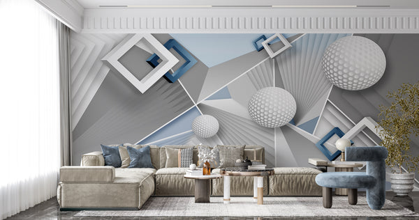 3D Wallpaper Mural, Non Woven, Stereoscopic Forms Wall Mural, Blue, Grey and White Wall Mural