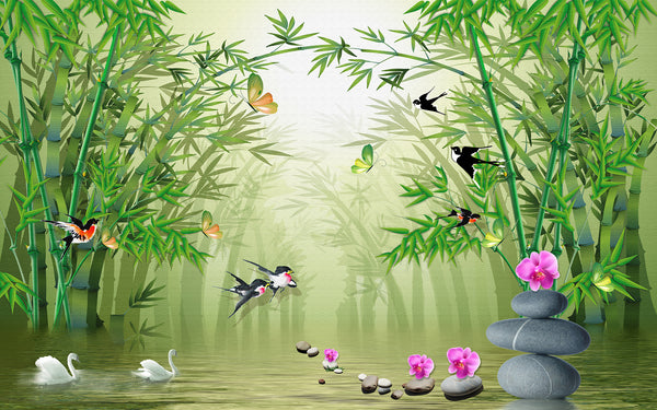 3D Wallpaper Mural, Non Woven, Green Tropical Gardern Wallpaper, 3D Tunnel, Birds and Bamboo Trees Wall Mural