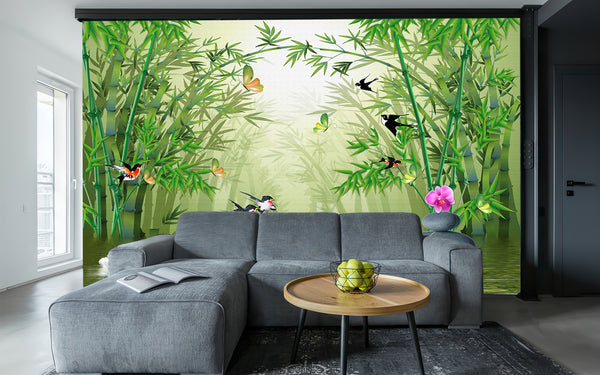 3D Wallpaper Mural, Non Woven, Green Tropical Gardern Wallpaper, 3D Tunnel, Birds and Bamboo Trees Wall Mural