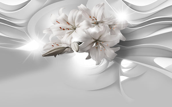 3D Wallpaper Mural, Non Woven, White Lily Flowers Wallpaper, Geometrical Background Wall Mural