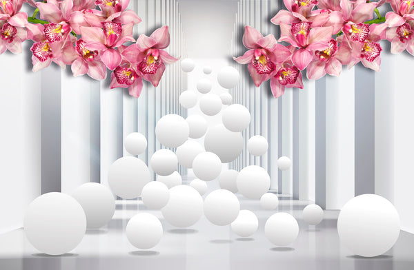 3D Wallpaper Mural, Non Woven, Pink Orchid Flowers Wallpaper, White Tunnel and Stereoscopic Balls Wall Mural