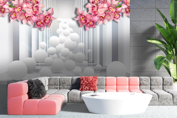3D Wallpaper Mural, Non Woven, Pink Orchid Flowers Wallpaper, White Tunnel and Stereoscopic Balls Wall Mural