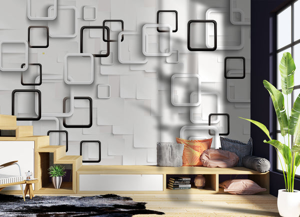 3D Wallpaper Mural, Non Woven, Black & White Geometric Cuber Wallpaper Mural