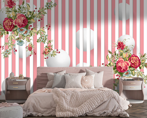 3D Wallpaper Mural, Non Woven, Pink Peony Flowers and Geometric Balls Wallpaper, Red Lines Wall Mural