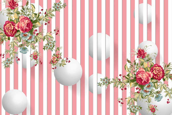 3D Wallpaper Mural, Non Woven, Pink Peony Flowers and Geometric Balls Wallpaper, Red Lines Wall Mural