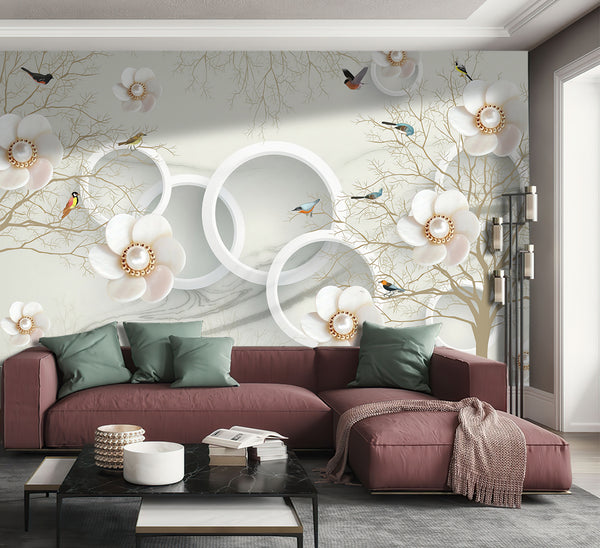 3D Wallpaper Mural, Non Woven, Large Beige Brooch Flowers Wallpaper, Birds and 3D Circles Wall Mural
