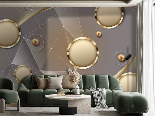 3D Wallpaper Mural, Non Woven, 3D Gold Circles Wallpaper, Abstract Grey Wall Mural
