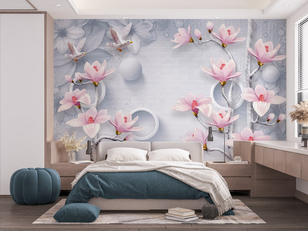 3D Wallpaper Mural, Non Woven, Pink Magnolia Flowers Wallpaper, White Birds Mural, White Balls Wall Mural