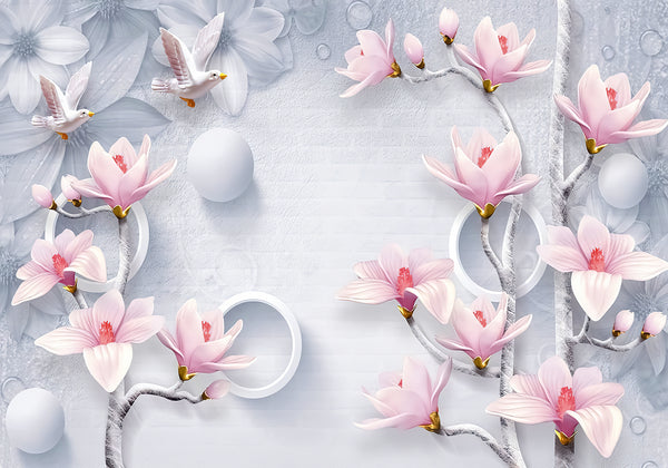 3D Wallpaper Mural, Non Woven, Pink Magnolia Flowers Wallpaper, White Birds Mural, White Balls Wall Mural