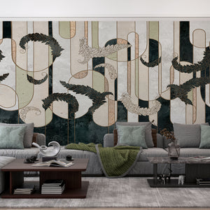 Abstract Wallpaper Mural | Beige & Green Wallpaper