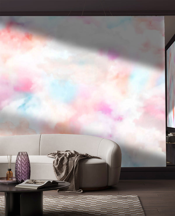 Abstract Wallpaper Mural, Non Woven, Colorful Clouds Wallpaper, Abstract Pink and Blue Fluffy Clouds Wall Mural