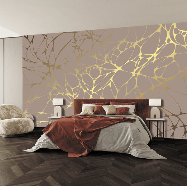 Abstract Wallpaper Mural, Non Woven, Gold and Beige Abstract Wallpaper, Marble Texture Wall Mural
