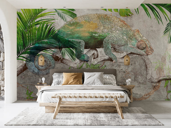 Wallpaper Mural, Green Chameleon Wallpaper, Tropical Print Wall Mural