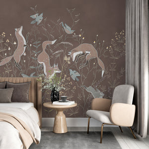 Foxes and Wildflowers on Brown Backgound Wall Mural