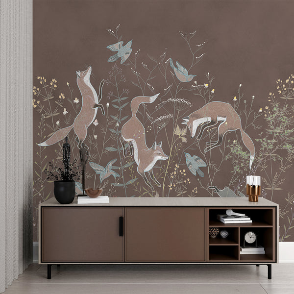 Wallpaper Mural, Foxy Wallpaper, Orange Foxes and Wildflowers Wall Mural, Brown Background Mural