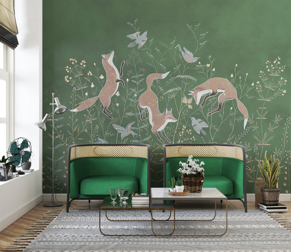Wallpaper Mural, Foxy Wallpaper, Orange Foxes and Wildflowers Wall Mural, Green Background Mural