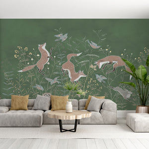 Foxes and Wildflowers Green Background Wall Mural