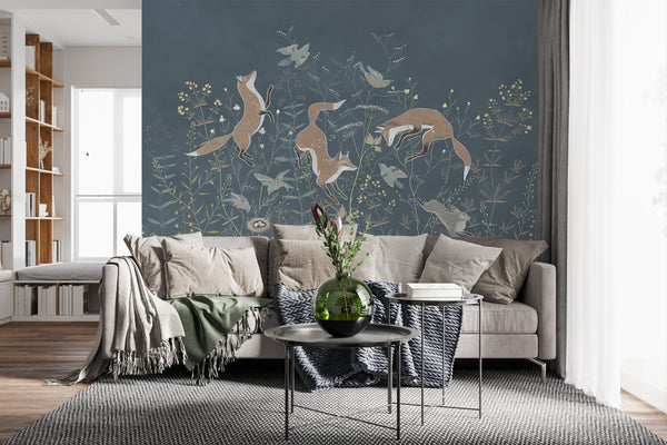 Wallpaper Mural, Foxy Wallpaper, Orange Foxes and Wildflowers Wall Mural, Dark Blue Background Mural