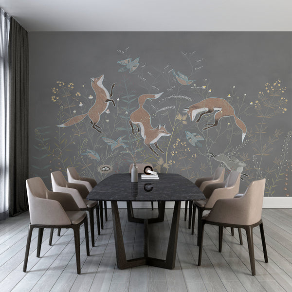 Wallpaper Mural, Foxy Wallpaper, Orange Foxes and Wildflowers Wall Mural, Dark Grey Background Mural