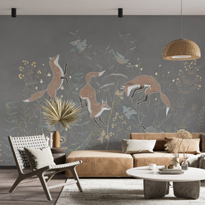 Foxes and Wildflowers on Grey Background Wall Mural