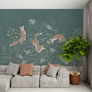 Foxes and Wildflowers on Dark Green Background Mural