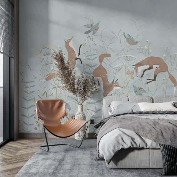 Wallpaper Mural, Foxy Wallpaper, Orange Foxes and Wildflowers Wall Mural, Grey Background Mural