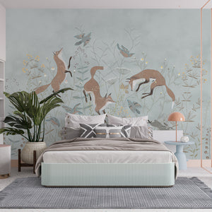 Foxes and Wildflowers on Grey Background Mural