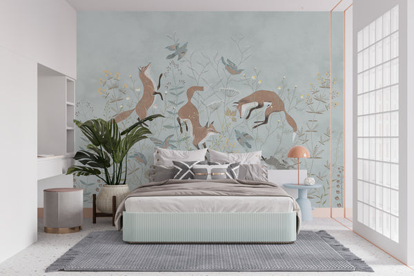 Foxes and Wildflowers on Grey Background Mural