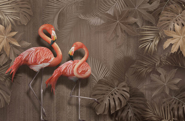 Pink Flamingo Wallpaper Mural, Non Woven Tropical Leaves Wallpaper, Jungle and Tropical Forest Flamingo and Tropical Birds Wallpaper