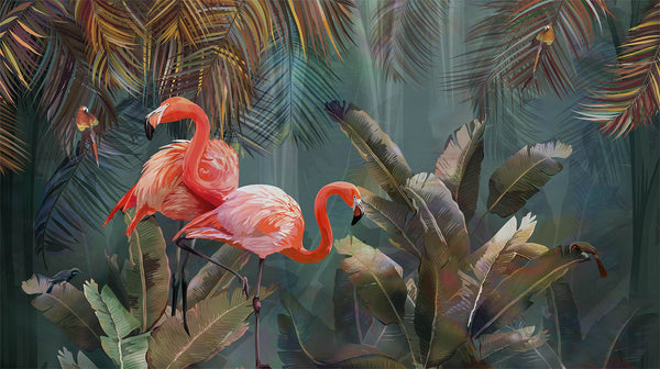 Pink Flamingo Wallpaper Mural, Non Woven Green Tropical Leaves Wallpaper, Jungle and Tropical Forest Flamingo and Tropical Birds Wallpaper