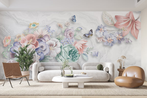Colorful Large Flowers Wallpaper Mural, Non Woven Vintage Flowers, Peony and Rose Floral Mural, Butterflies Wallpaper