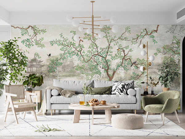 Chinoiserie Wallpaper Mural, Non Woven, Vintage Green Tree and Birds Wallpaper, Chinese Landscape, Blossom Tree Mural