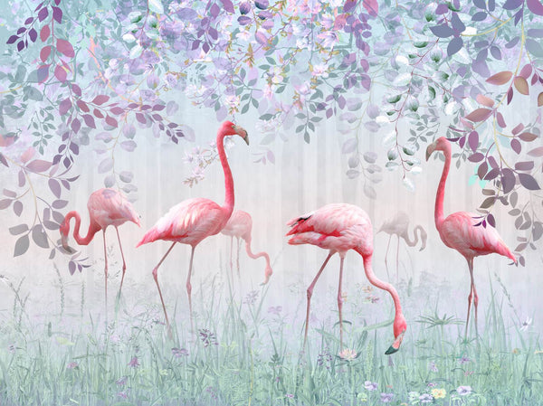 Pink Flamingo Wallpaper Mural, Non Woven Fairy Garden Mural, Flowers and Flamingo design Wallpaper
