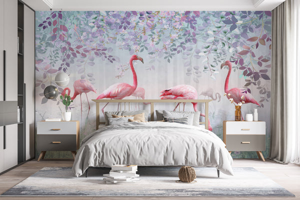 Pink Flamingo Wallpaper Mural, Non Woven Fairy Garden Mural, Flowers and Flamingo design Wallpaper