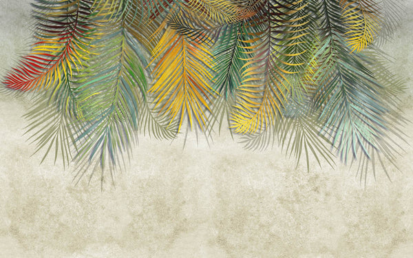 Colorful Tropical Leaves Wallpaper Mural, Non Woven Palm Leaves Mural, Exotic Leaves Wallpaper