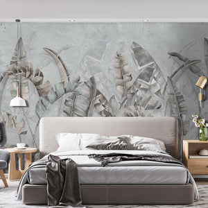 Grey Tropical Leaves Wallpaper Mural