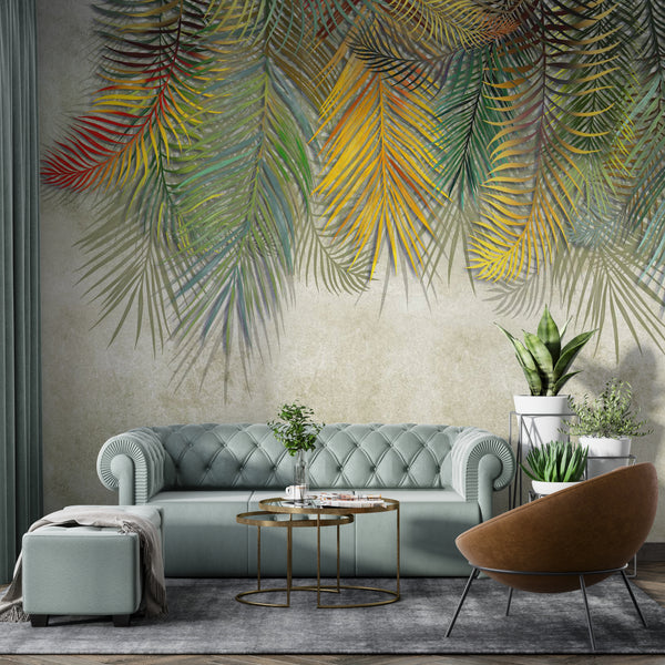 Colorful Tropical Leaves Wallpaper Mural, Non Woven Palm Leaves Mural, Exotic Leaves Wallpaper