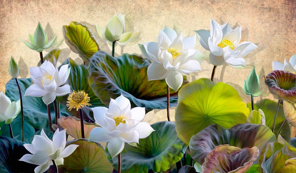 White Lotus Flower Wallpaper Mural, Non Woven Botanical Floral Wallpaper, Chinoiserie Wallpaper