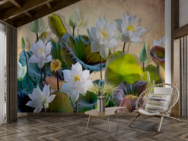 White Lotus Flower Wallpaper Mural, Non Woven Botanical Floral Wallpaper, Chinoiserie Wallpaper