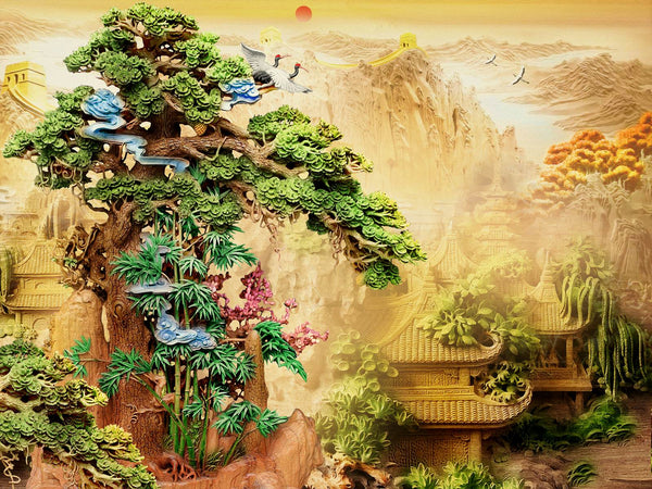 Japanese Garden Wallpaper Mural, Non Woven Mountain Chinoiserie Wallpaper Mural, Asian Trees Wallpaper