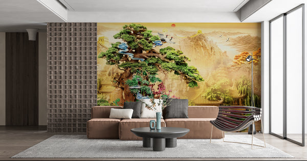 Japanese Garden Wallpaper Mural, Non Woven Mountain Chinoiserie Wallpaper Mural, Asian Trees Wallpaper