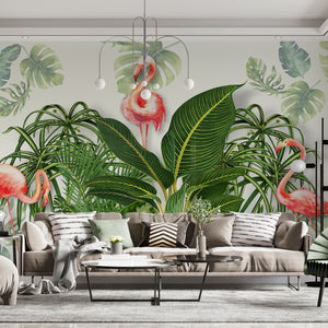 Tropical Leaves and Pink Flamingo Mural