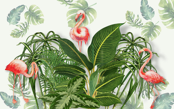 Green Tropical Leaves and Pink Flamingo Birds Wallpaper Mural Non Woven, Tropical Birds Wall Mural