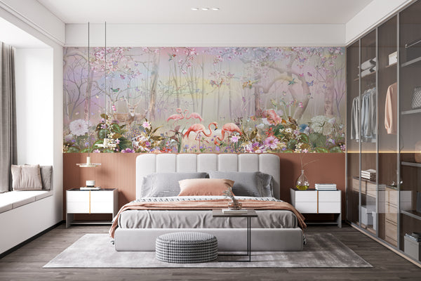 Fairy Garden Wallpaper Mural, Non Woven Flower Wallpaper, Floral Beautiful Pink Plant Wall Mural Flamingo
