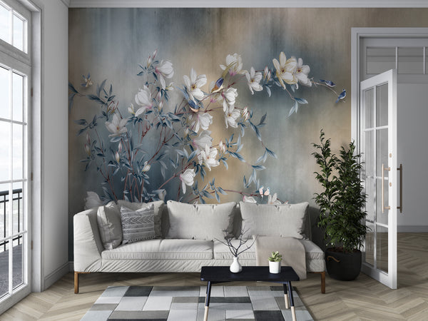 Floral Blossom Branch and Birds Wallpaper Mural, Non Woven, Oil Painted White Vintage Flowers Wallpaper Mural