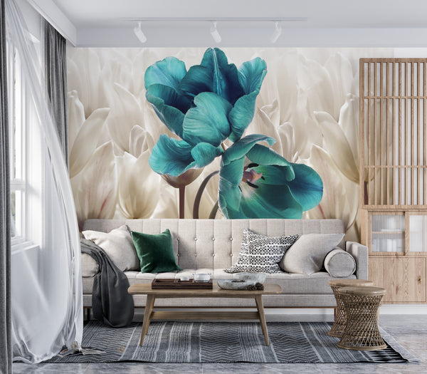 Turquoise Tulips Wallpaper Mural, Non Woven Large Flowers Wall Mural, Botanical Wallpaper