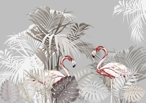 Tropical Flamingo Birds Wallpaper Mural, Non Woven Soft Colors Wallpaper Mural, Exotic Grey Leaves Wallpaper Mural